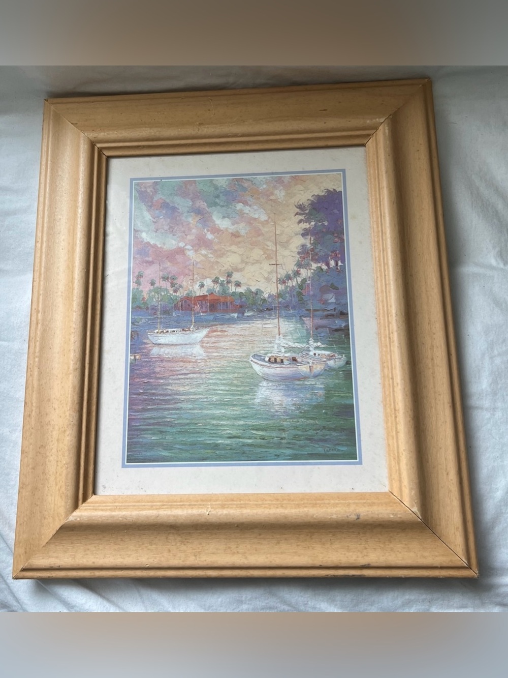 Coastal Harbor Sailboat Art Print Tropical Marina Seascape Framed 12" x 14"
